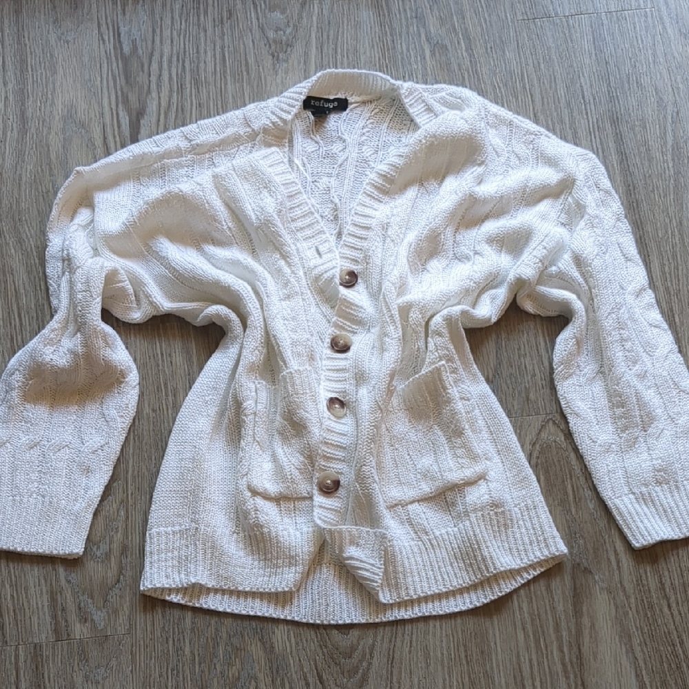 L/XL Knit White Cardigan Buttons And Pockets Women's